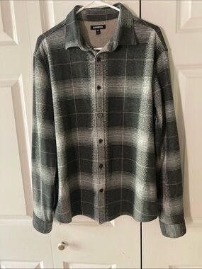 Express plaid flannel button up shirt women’s L gray tan white cozy fireside